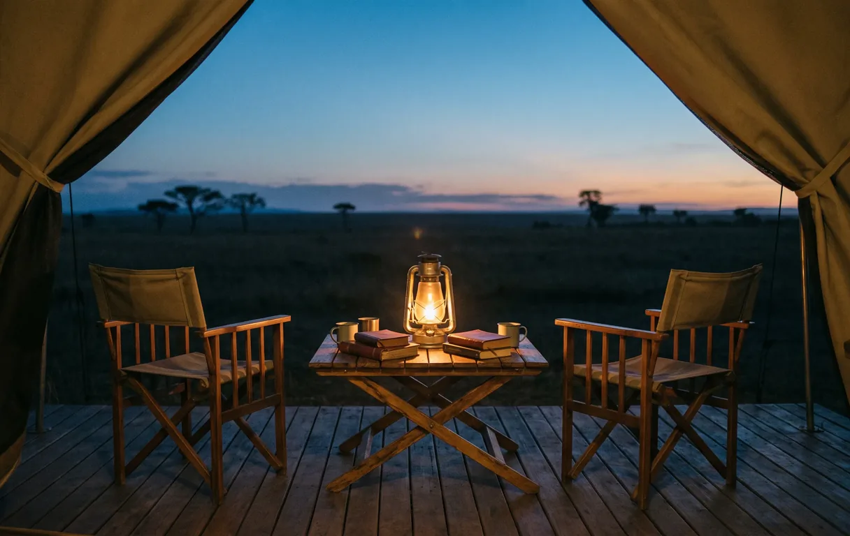 Campement de toile éclairé à la lampe, nuit tombée sur la savane
