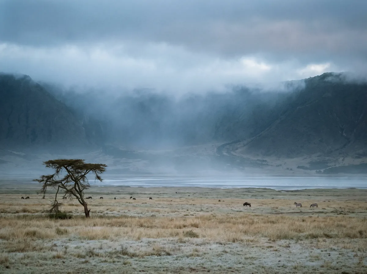 Fond du cratère du Ngorongoro à l'aube : parois noyées de brume, lac pâle, gnous et zèbres dans l'herbe givrée