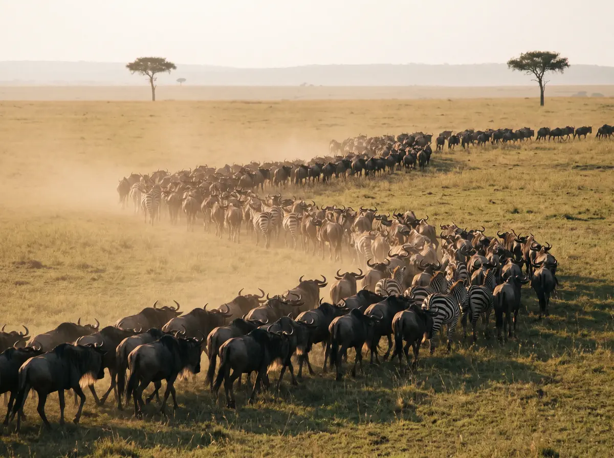 Colonne de gnous et de zèbres en migration dans les plaines du Serengeti, poussière dorée, aucune piste en vue