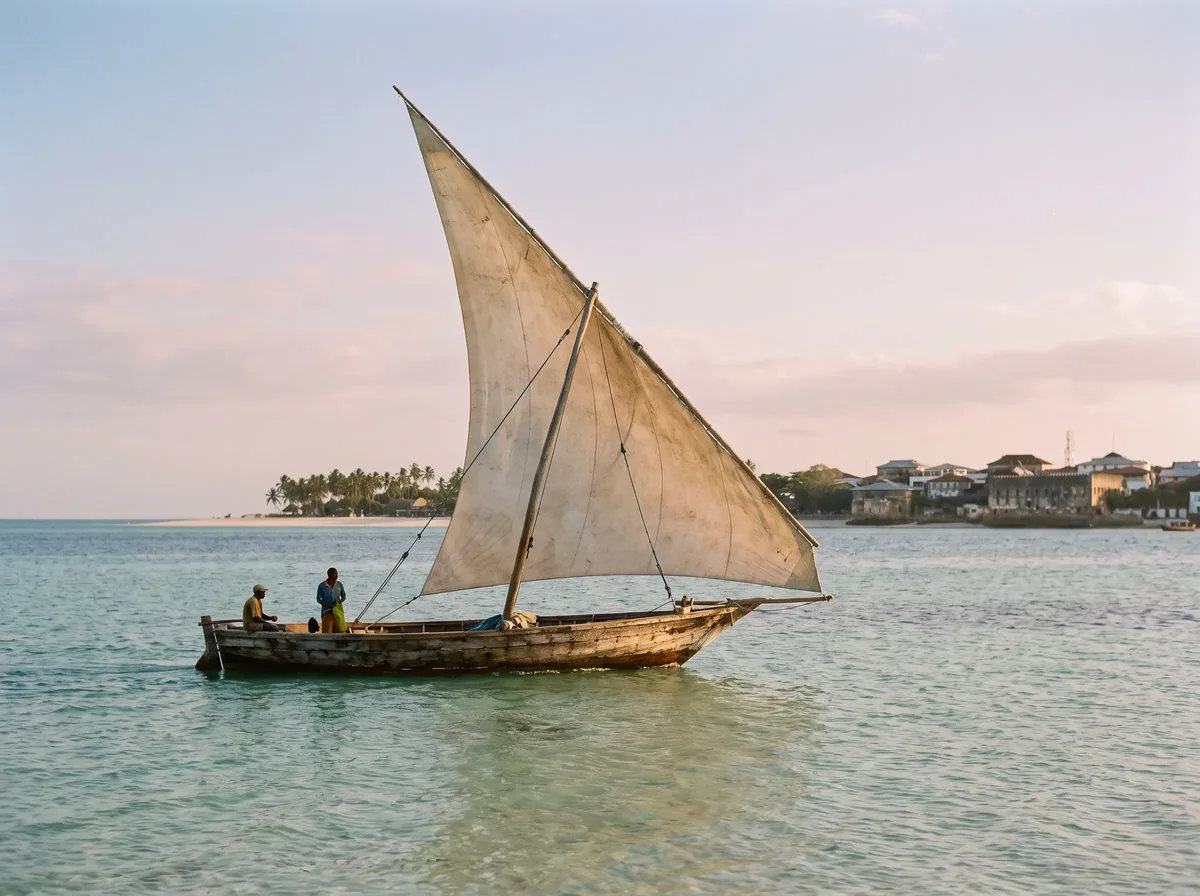 Boutre à voile triangulaire glissant sur une eau turquoise pâle, au large de Zanzibar