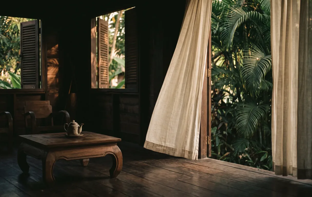 Véranda de teck d'une maison de Luang Prabang, rideau de lin ouvert sur les palmes, fin d'après-midi
