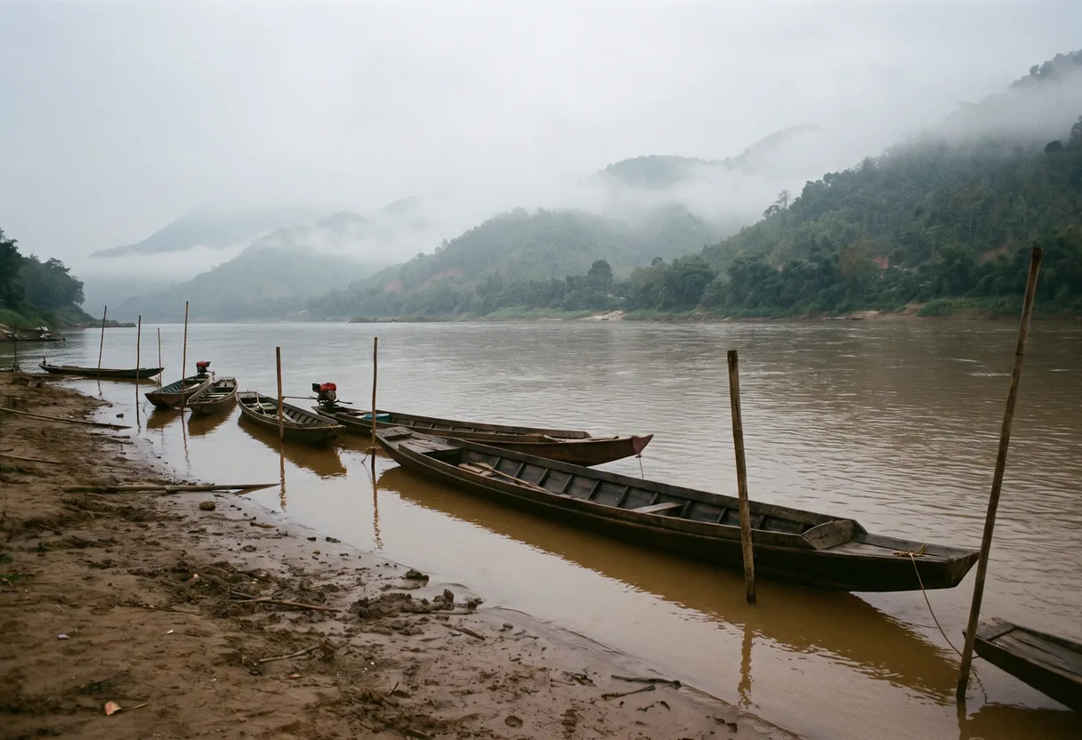 Pirogues de bois amarrées sur la berge du Mékong, brume matinale sur le fleuve