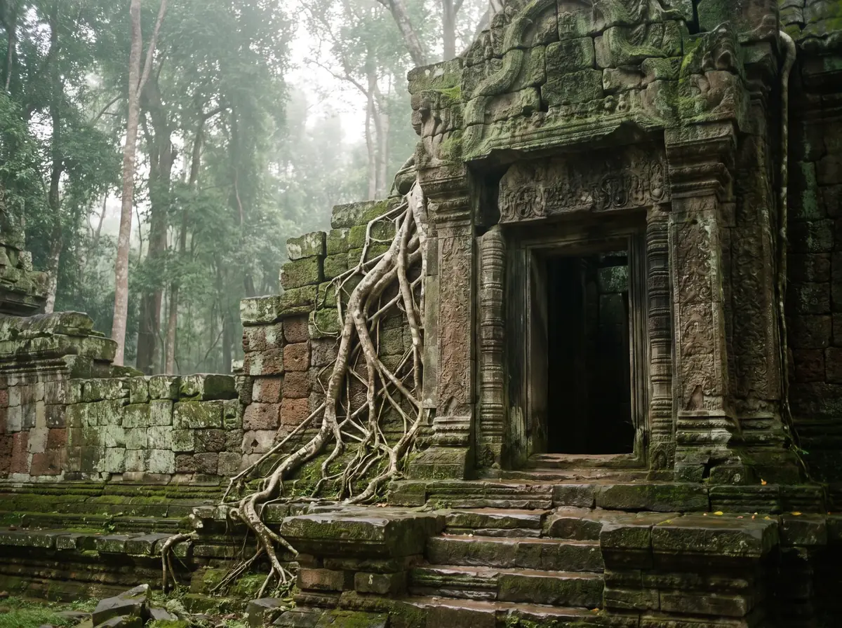 Temple khmer sous la mousse, racines de fromager enlaçant la pierre, lumière voilée de forêt